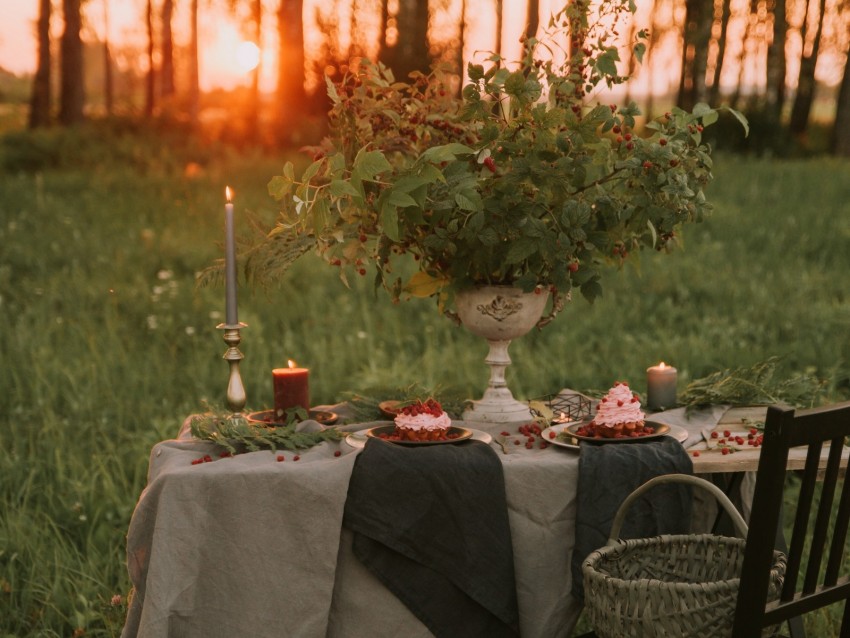 table, chair, nature, sunset, romance