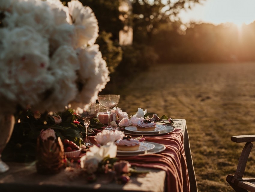 table, dishes, table setting, flowers, dessert
