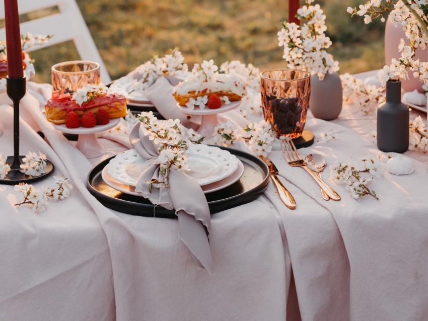 table, dishes, tableware, festive, decoration, flowers, romance