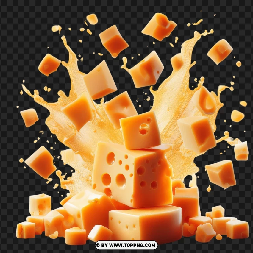 Cheddar Cheese Cubes With Splash Effect PNG Transparent Background