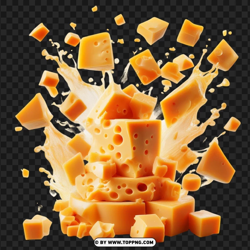 Tasty Piece Of Cheddar Cheese Explosion PNG Transparent Background