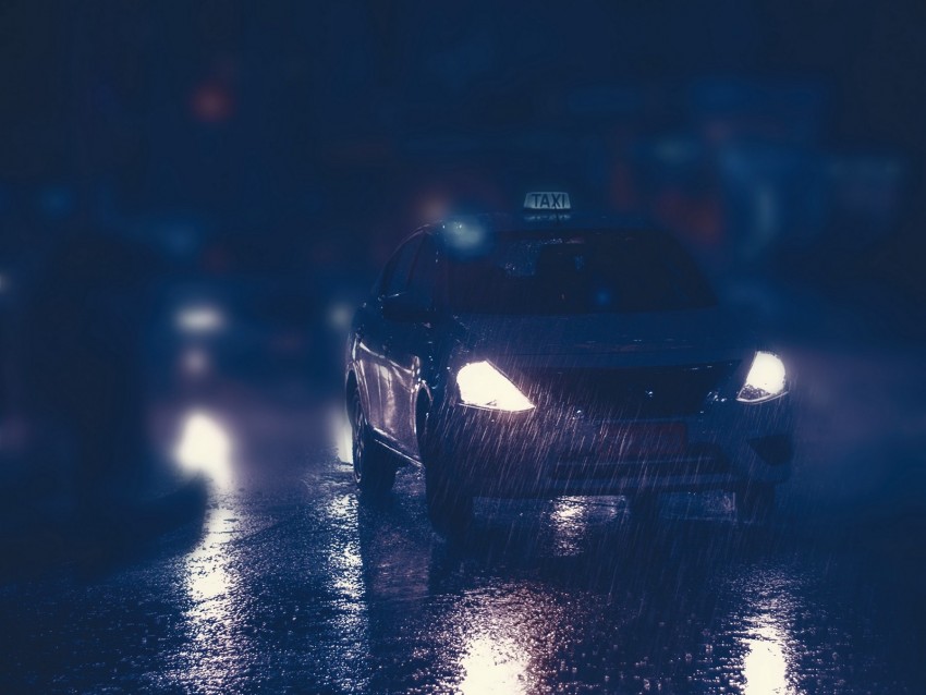 taxi, car, night, rain, lights, street