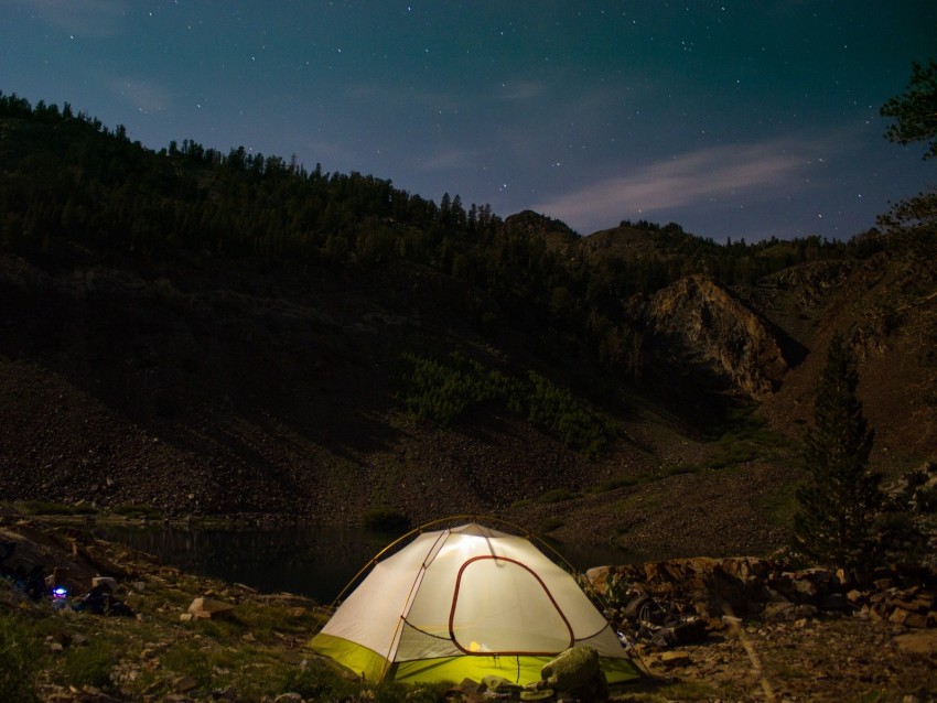 tent, camping, nature, mountains, lake, evening