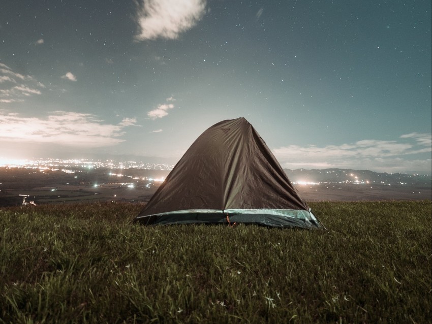 tent, camping, nature, night, city, view