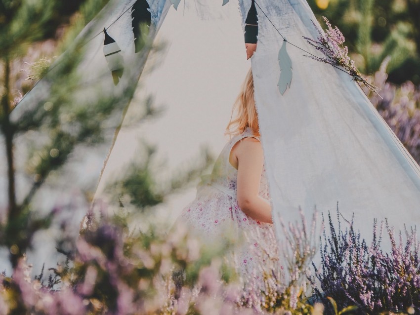 tent, child, flowers, lavender, nature