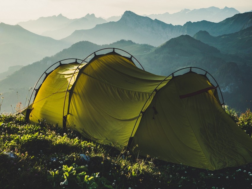 tent, mountains, travel, camping, fog, sky