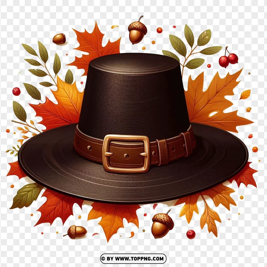 Pilgrim Hat with Autumn Leaves and Acorns for Thanksgiving png