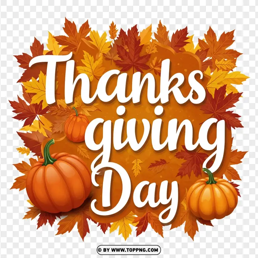 Thanksgiving Day Typography With Autumn Leaves PNG Transparent Background