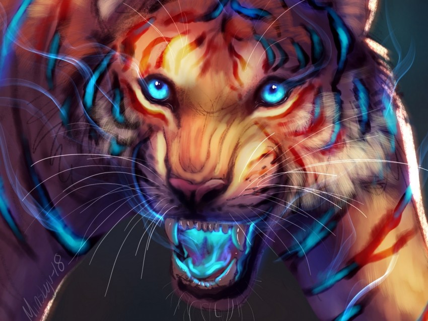 tiger, art, grin, glow, muzzle, predator