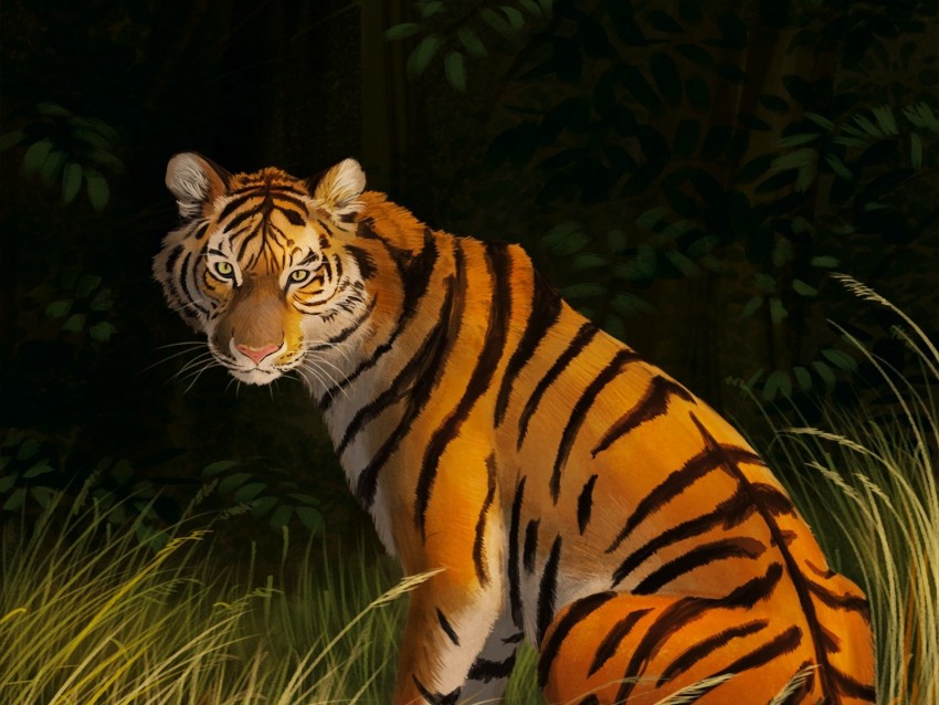 tiger, grass, art, predator, striped