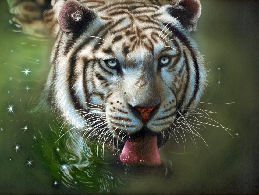tiger, protruding tongue, art, water