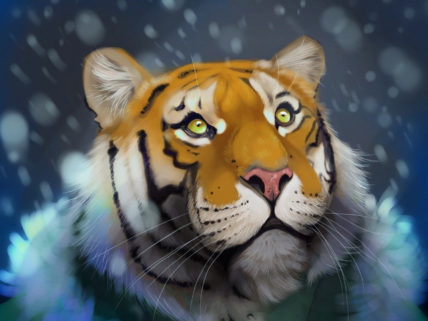 tiger, snow, art, glance, predator