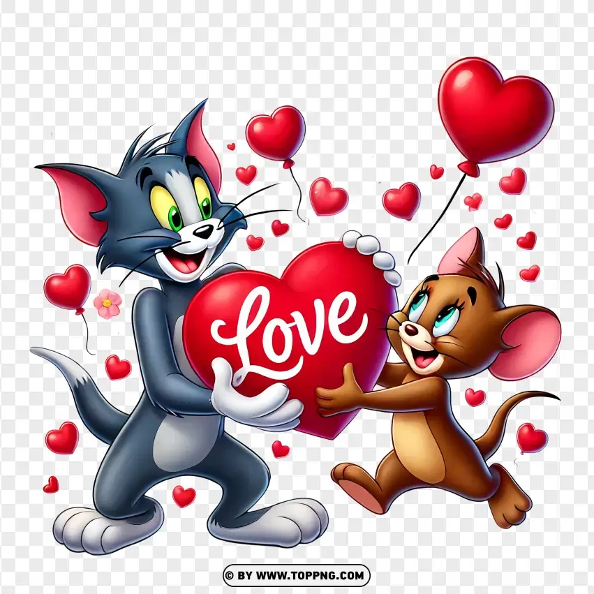 Tom And Jerry Celebrating With A Love Balloon PNG Transparent Background