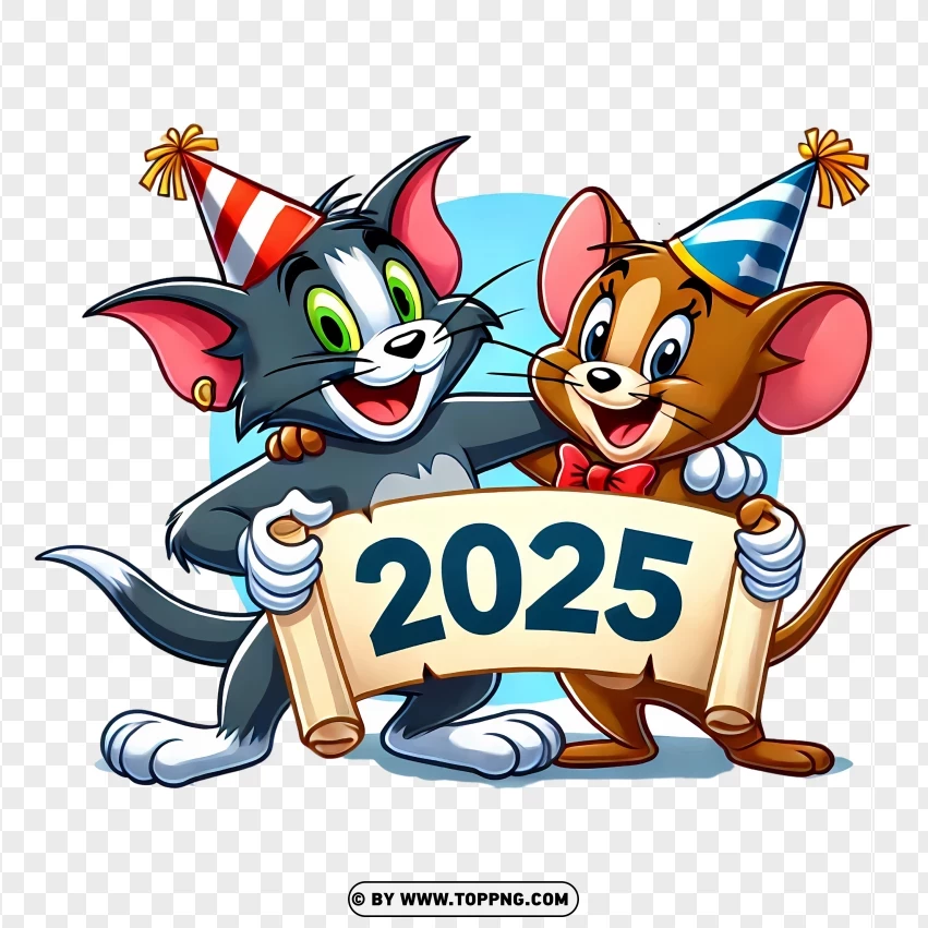 Tom And Jerry Holding A 2025 Sign For New Year Celebration PNG Transparent Background