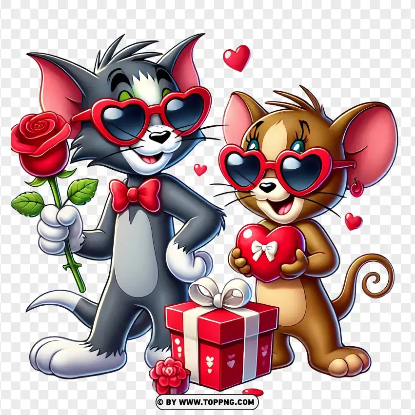 Tom And Jerry Sharing Love With Roses And Heart Gifts PNG Transparent Background