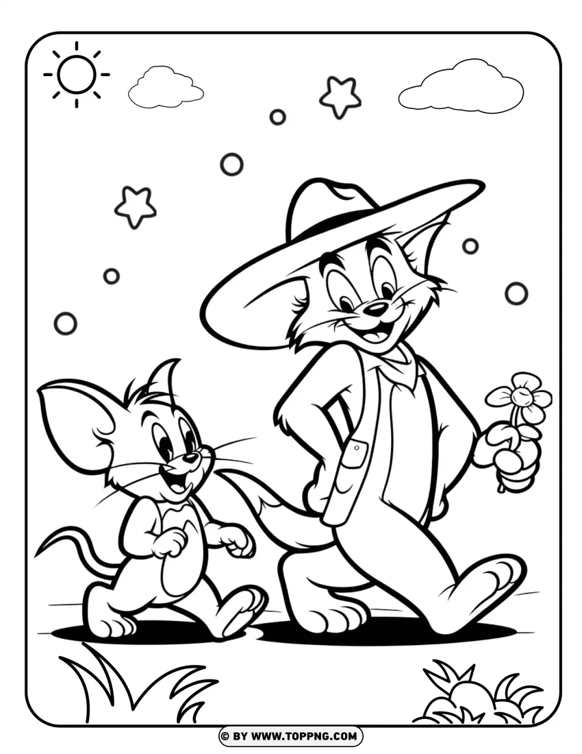 tom and jerry coloring,  tom and jerry, cartoon,Disney character, outline, black and white, drawing