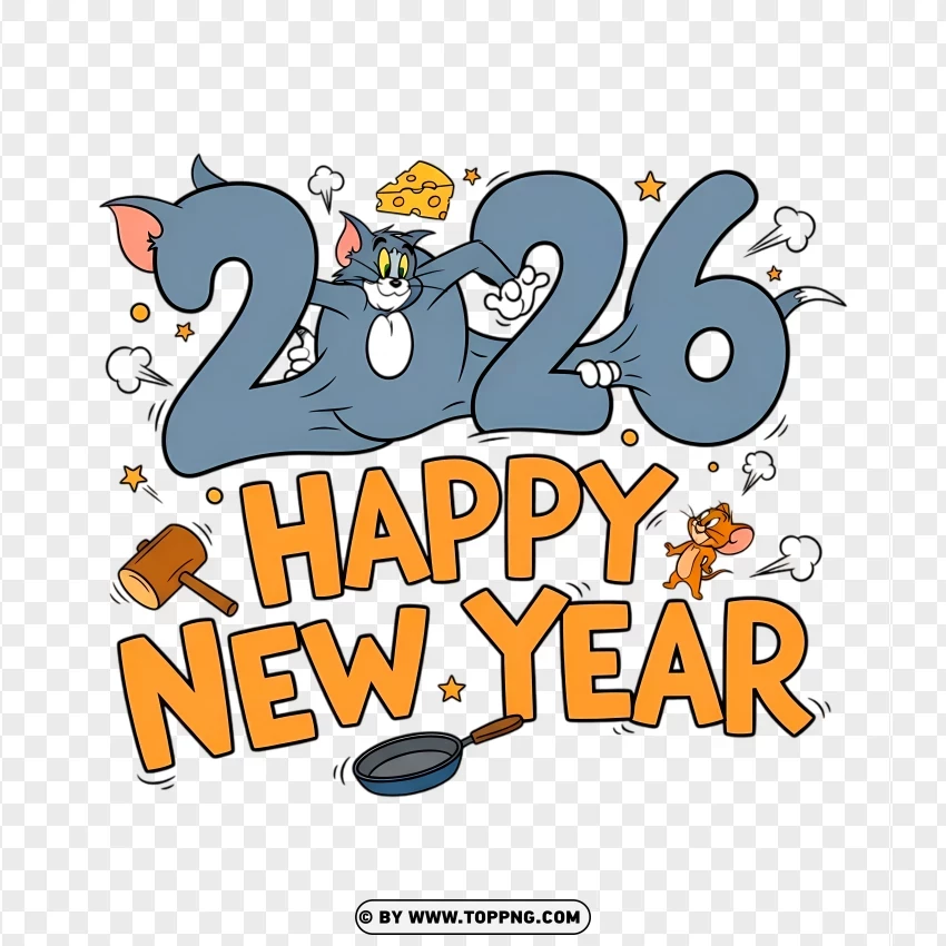 Tom And Jerry Inspired 2026 New Year Typography PNG Transparent Background