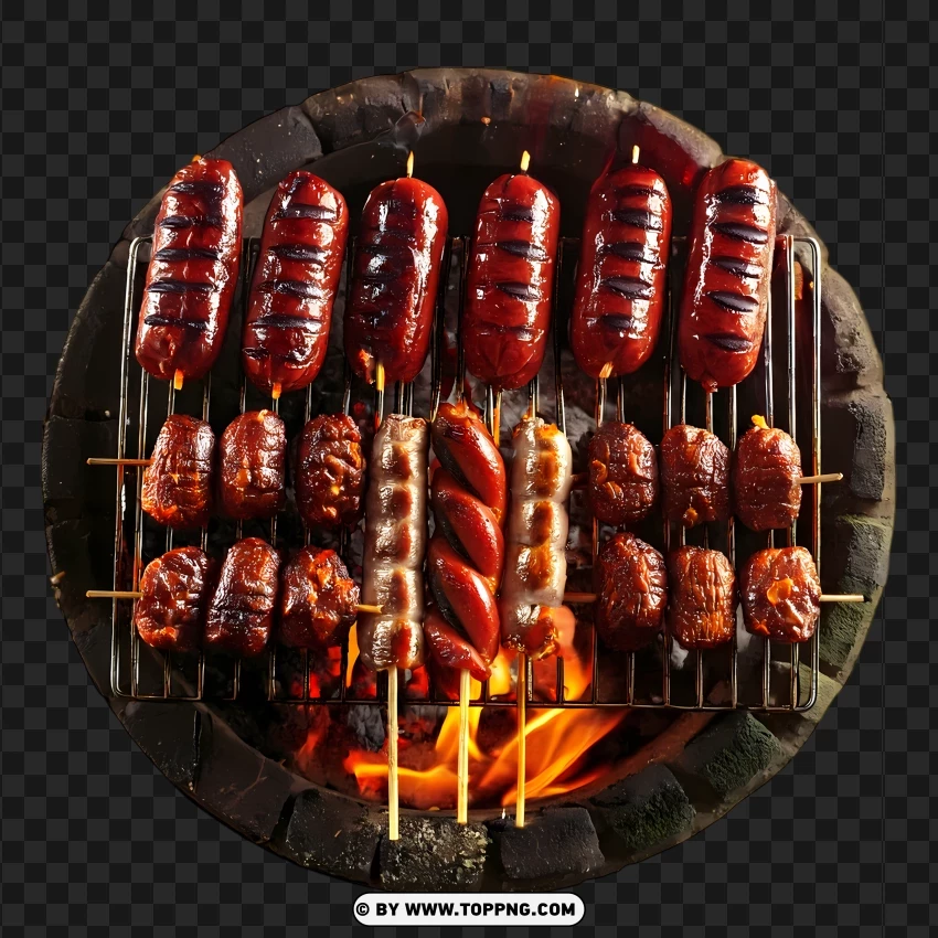 Top View Of Grilled Meat And Sausage Skewers PNG Transparent Background