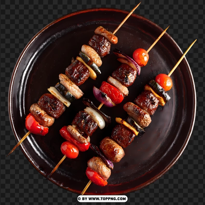 Top View Of Vegetables And Meat Skewers Dish PNG Transparent Background