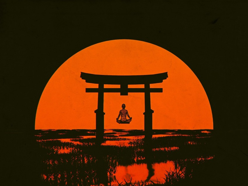 torii, silhouette, meditation, sun, arch, vector