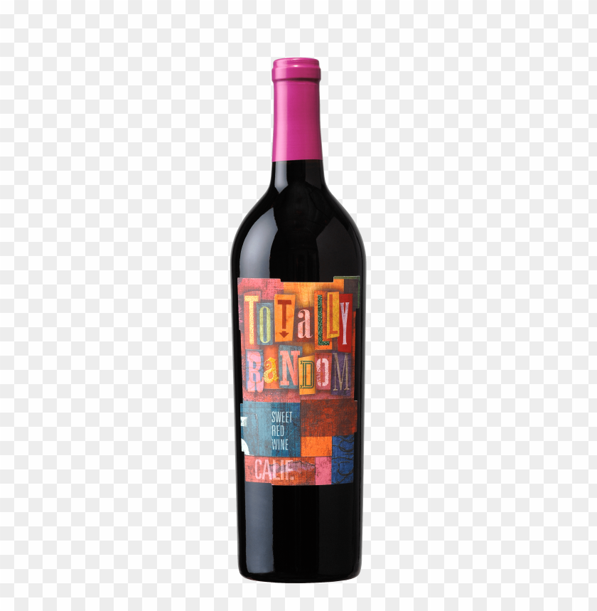 Bottle of Totally Random Sweet Red Wine with colorful label on transparent background