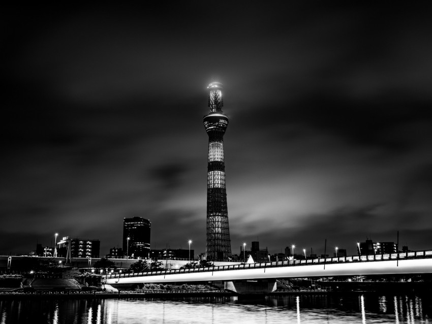 tower, building, bw, night city, architecture