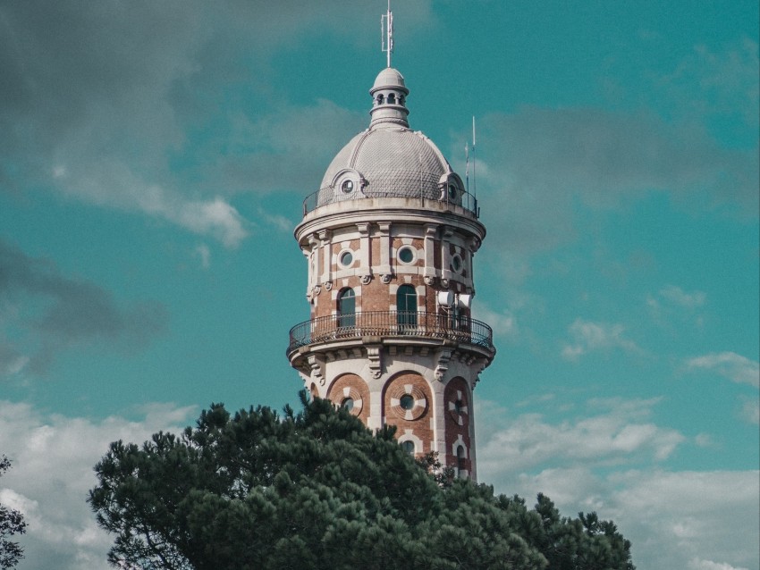 tower, clouds, trees, barcelona, spain