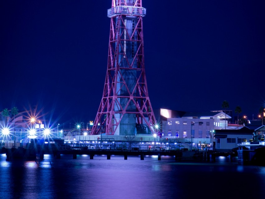 tower, lighthouse, night city, pier, fukuoka, japan