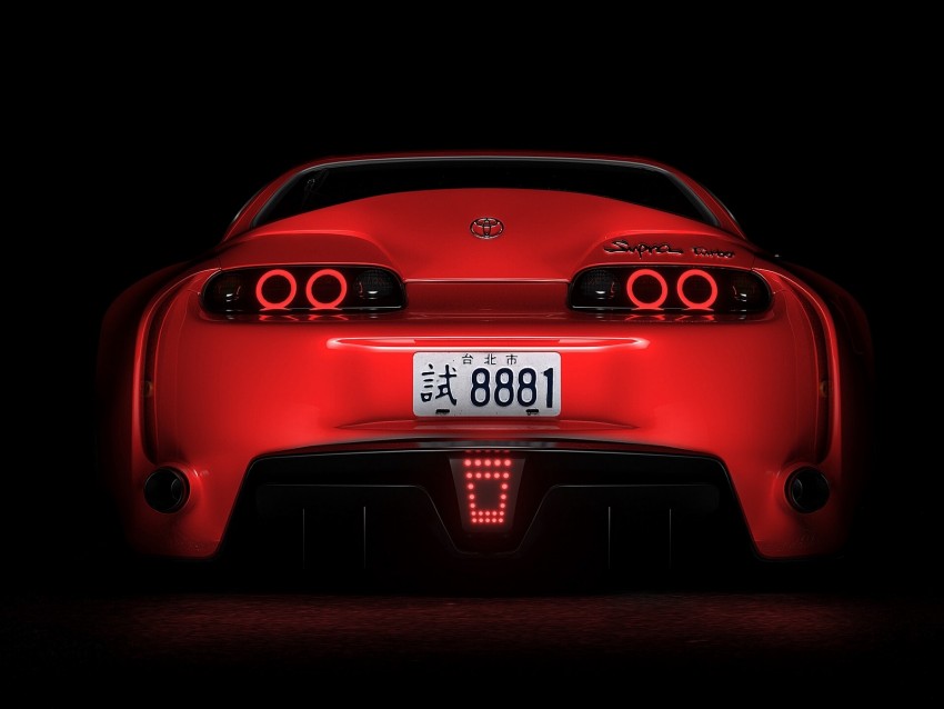 free PNG toyota supra, toyota, sportscar, red, rear view, dark, backlight background PNG images transparent