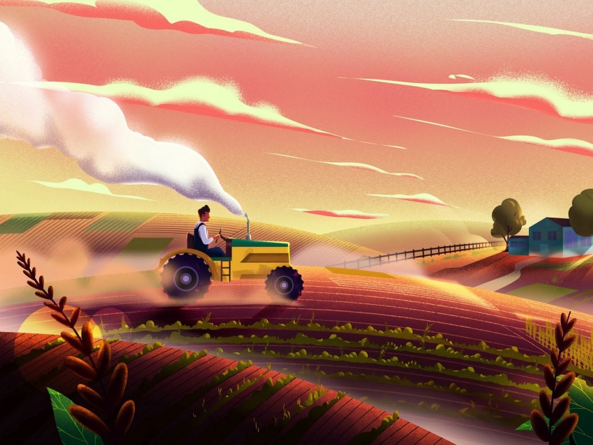 tractor, field, art, agriculture