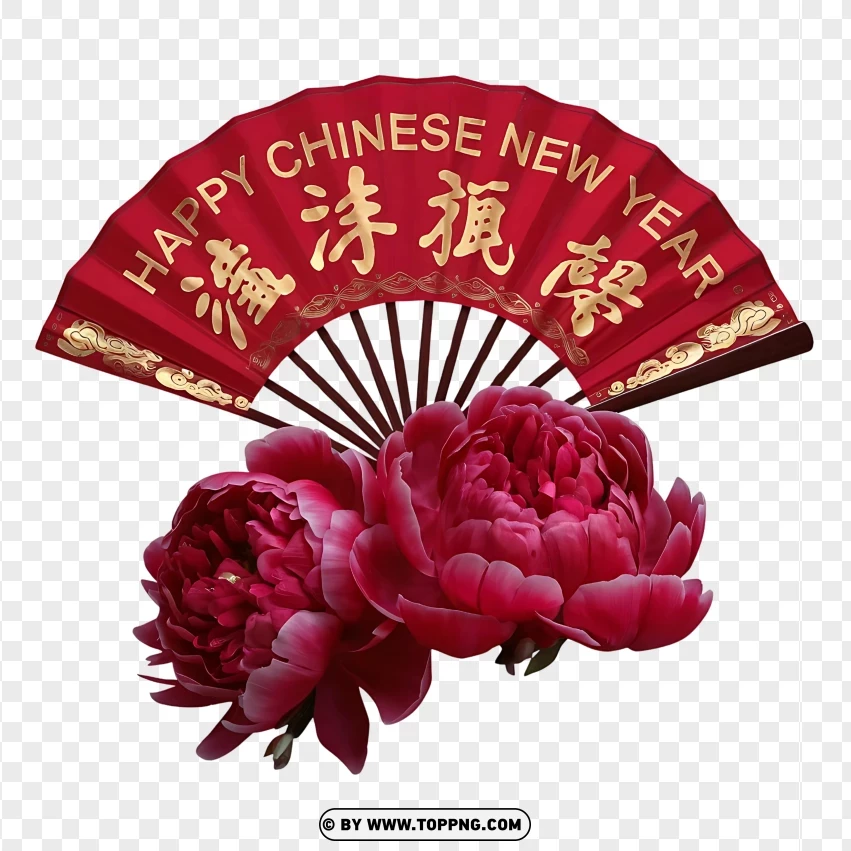 Traditional Chinese Fan And Peonies For Happy Chinese New Year PNG Transparent Background