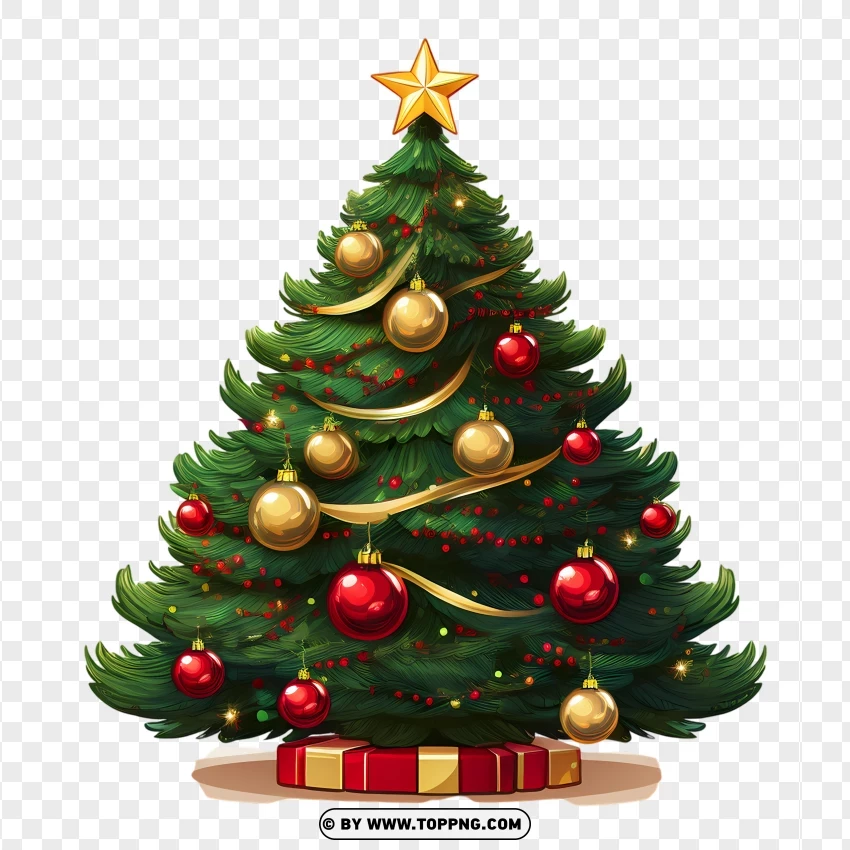 Traditional Christmas Tree With Golden Baubles And Red Gifts PNG Transparent Background