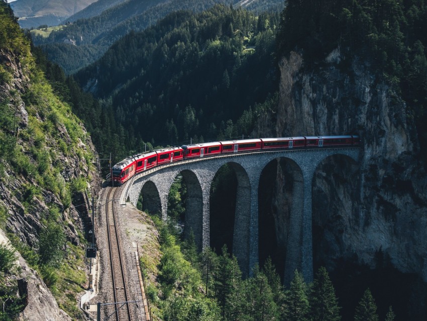 train, mountains, aerial view, bridge, railway