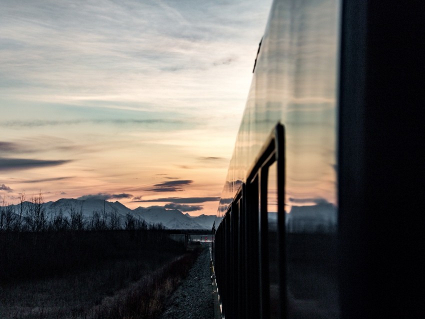 train, sunset, mountains, landscape, dusk