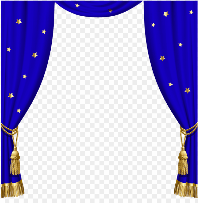 transparent blue curtains with gold tassels and stars