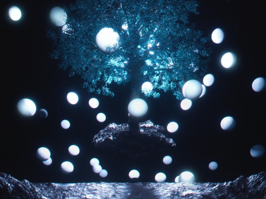tree, balls, levitation, glow, darkness