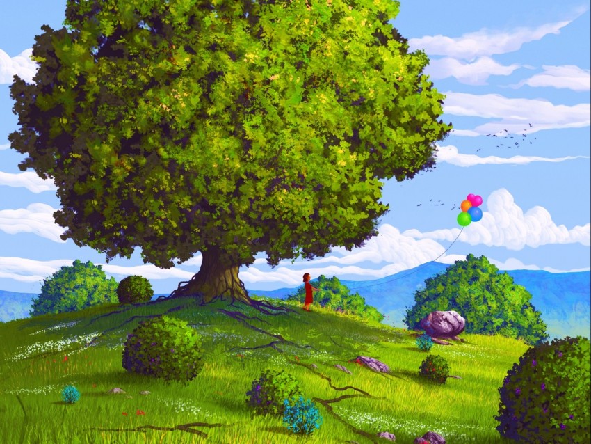 tree, field, balloons, summer, child