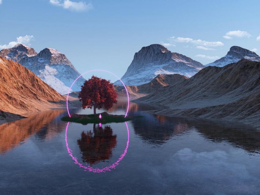tree, lake, mountains, ring, neon, reflection