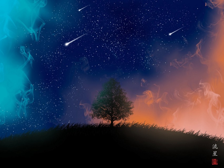 tree, night, stars, art, smoke, meteors