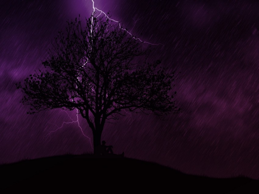 tree, silhouette, lightning, night, rain, loneliness