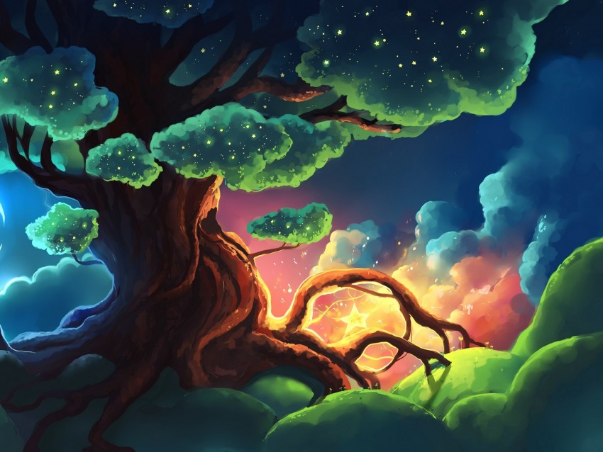 tree, stars, glow, night, art