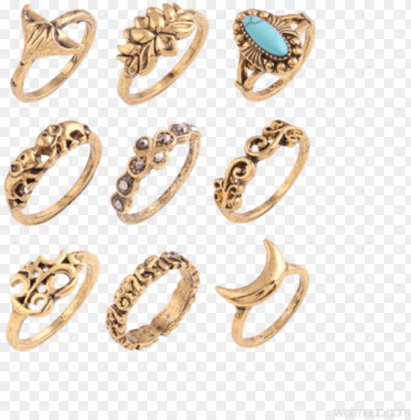 Trendy Artificial Turquoise Moon Elephant Alloy Ring - Rotita Turquoise Decorated Gold Metal Ring Set PNG Transparent With Clear Background ID 251187