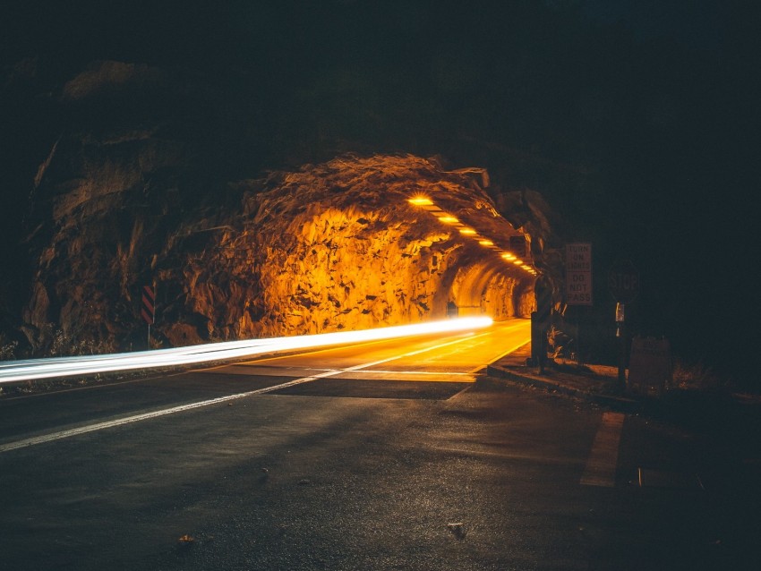 tunnel, backlight, movement, dark, rock, long exposure, road