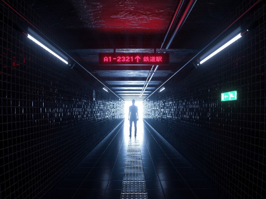 tunnel, silhouette, man, sign, underground, art