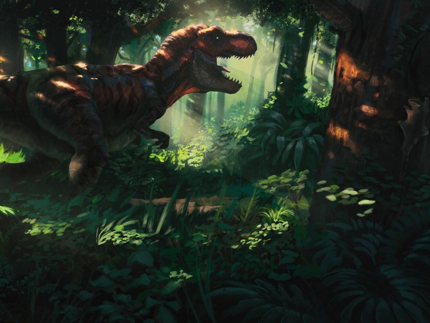 tyrannosaurus, dinosaur, jungle, forest, art