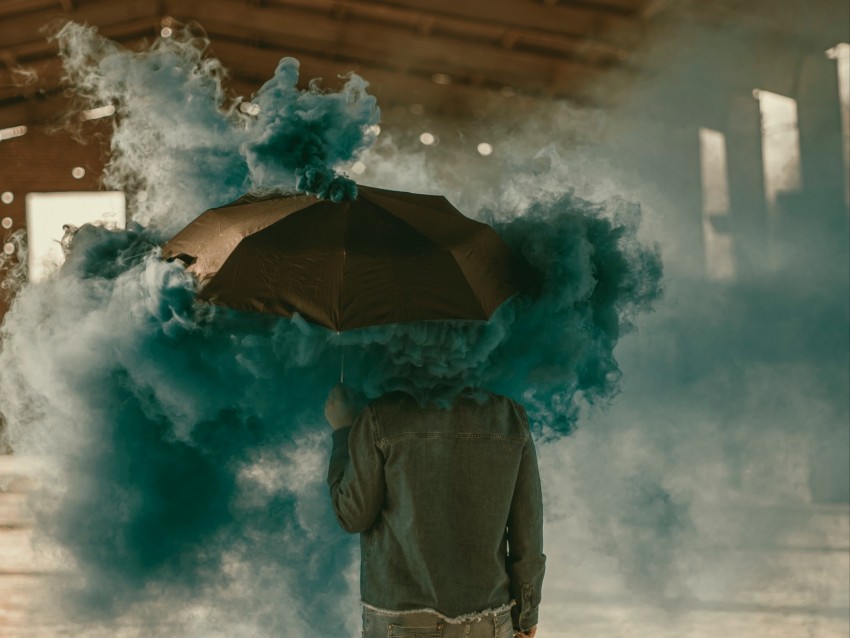 umbrella, smoke, colored smoke, man