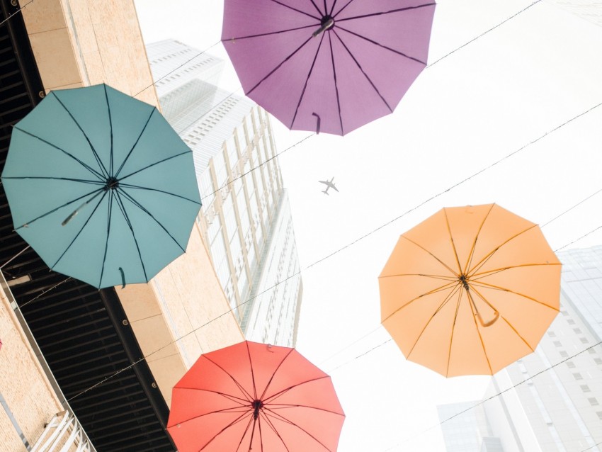 umbrellas, colorful, plane, buildings