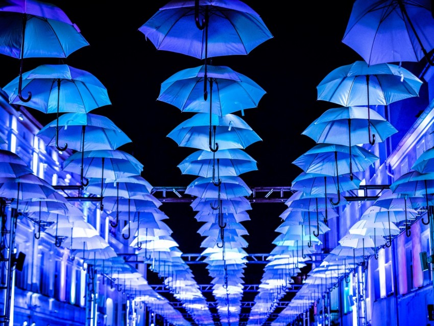 umbrellas, scenery, street, illumination, lights