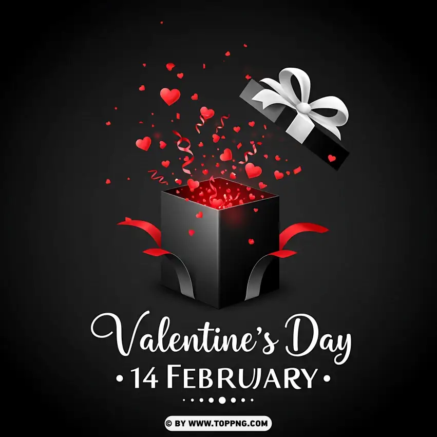 Valentines Day Black Gift Box With White Bow Card PNG Transparent Background