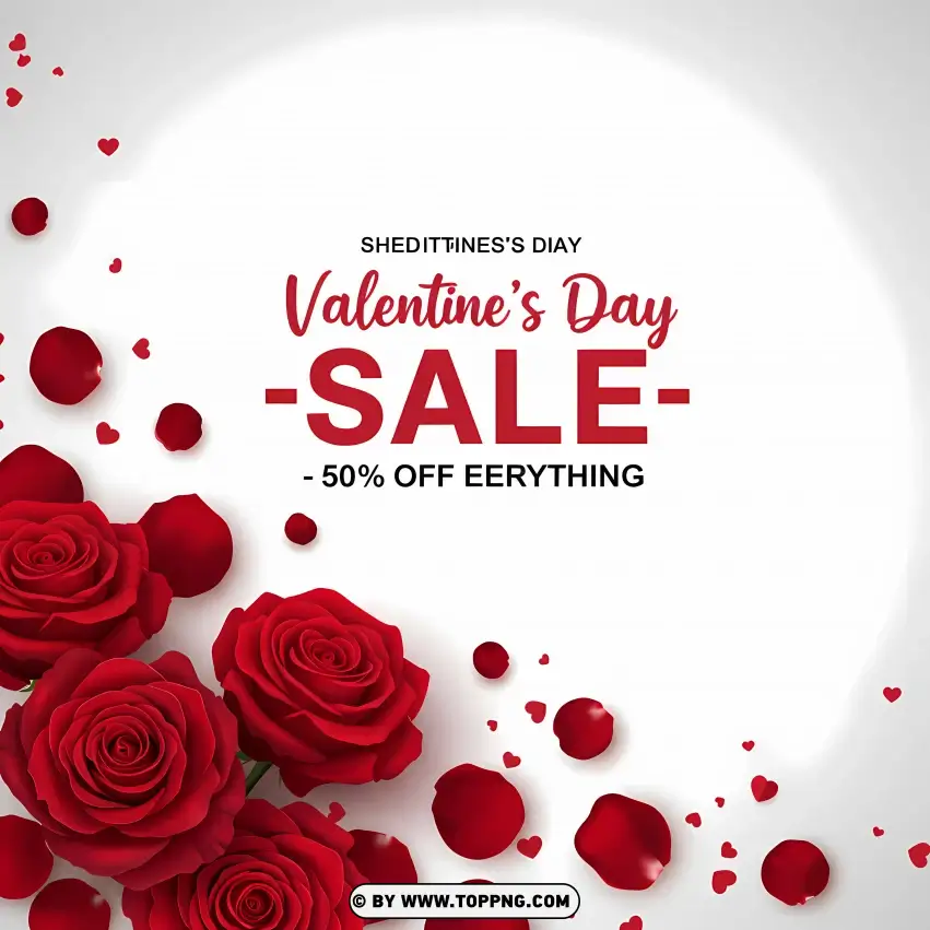 Valentines Day Sale With 50% Off And Red Roses Card PNG Transparent Background